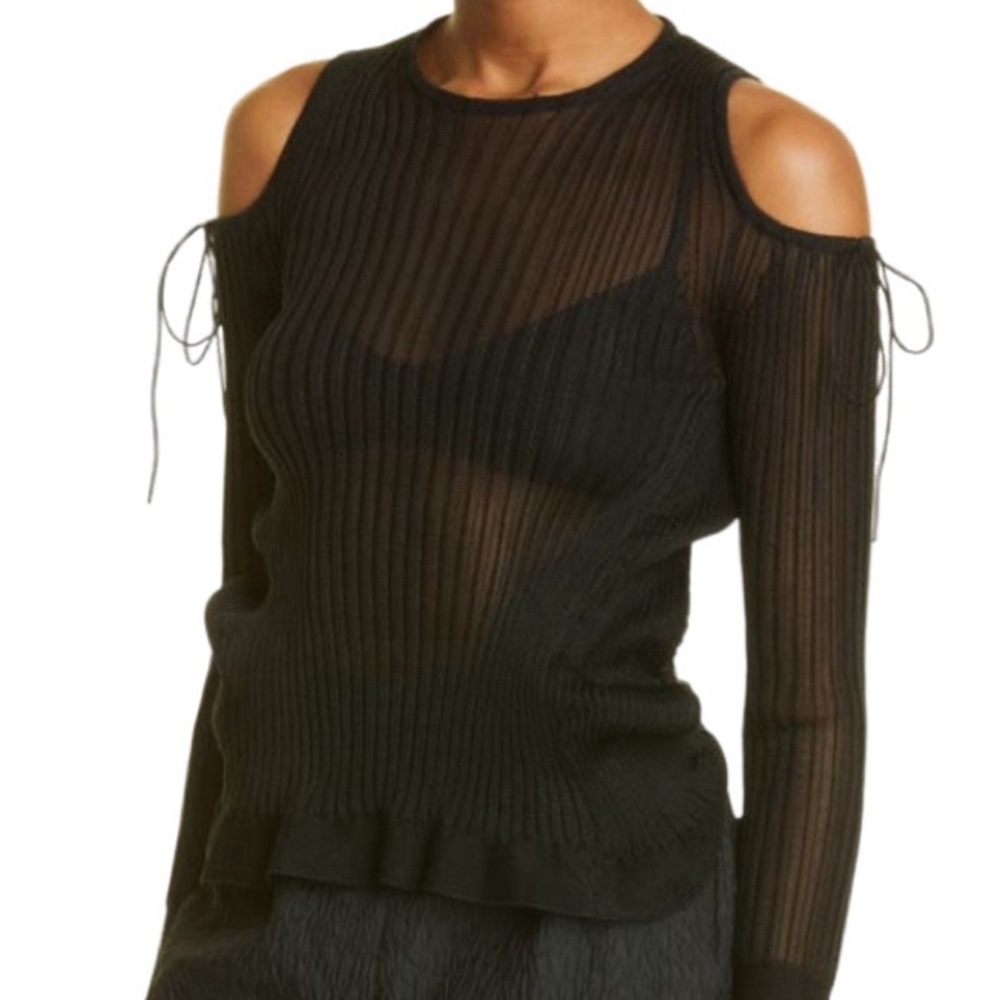 NWT Cecilie Bahnsen Black Cold Shoulder Stretch Ribbed Knit Tie Back Top-Sz XS/S